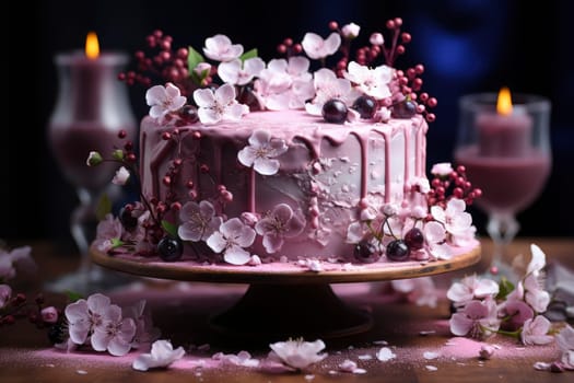 Wedding cake with violet cream cheese frosting decorated with caramel vase and golden chocolate spheres on the purple background. Luxury anniversary cake with pink chocolate velvet coating