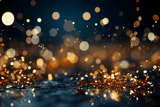 Magic background with golden bokeh with colorful purple pink yellow. Frame from golden shiny splashes, drops. Elegant luxury wallpaper