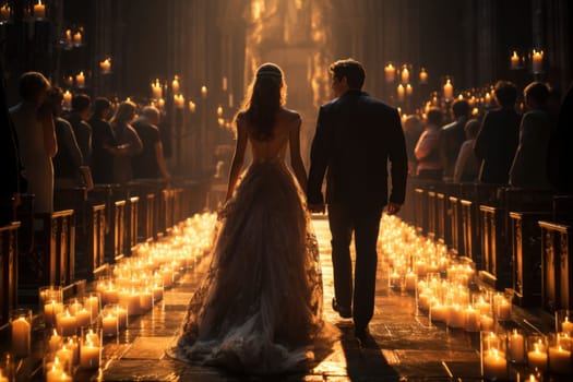 A bride and groom walking down the aisle of a church during their wedding ceremony. Generative AI