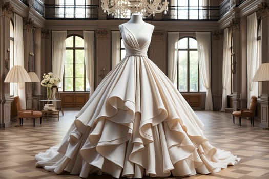 Beautiful wedding dress hanging on a mannequin in a interior of bridal salon. Wedding show room trendy, modern.