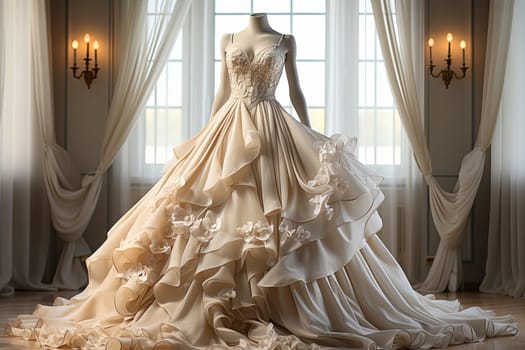 Beautiful wedding dress hanging on a mannequin in a interior of bridal salon. Wedding show room trendy, modern.