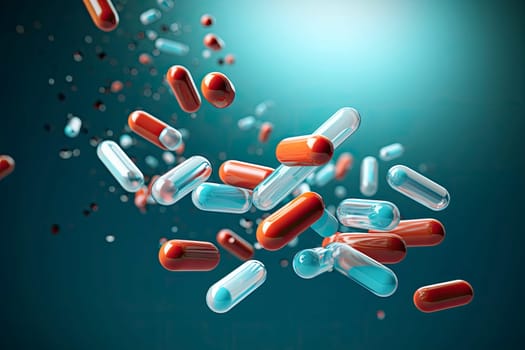Creative concept with different pills, capsules falling over grey background. Health care, vitamins and treatment concept. Selective focus. Horizontal shot