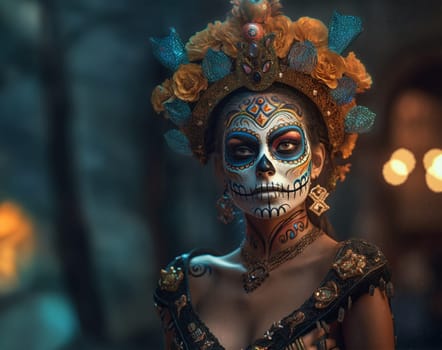 close-up young woman with make-up at the festival Day of the Dead - Dia de los Muertos, a holiday dedicated to the memory of the dead.against the backdrop of illumination .Generative AI