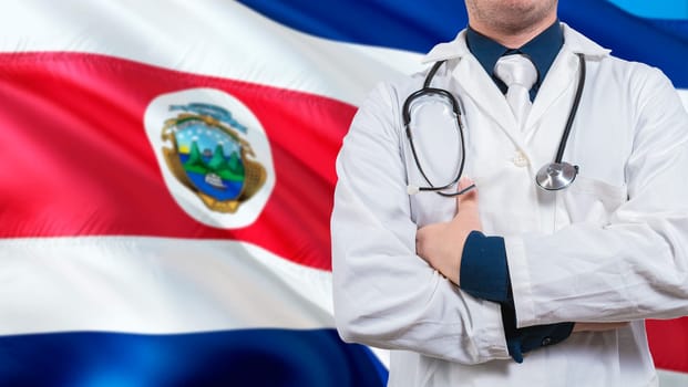 Doctor with stethoscope on Costa Rica flag. Costa Rica national health concept, Health and care with flag of Costa Rica