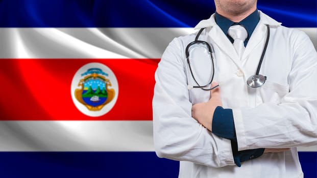 Doctor with stethoscope on Costa Rica flag. Costa Rica national health concept, Health and care with flag of Costa Rica