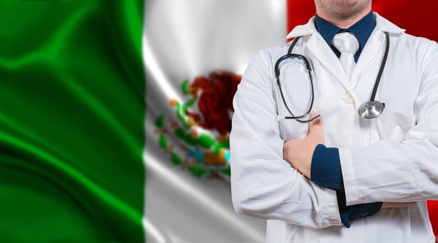 Doctor with stethoscope on Mexico flag. Doctor with arms crossed on Mexico flag background. Medical health and care on Mexican flag