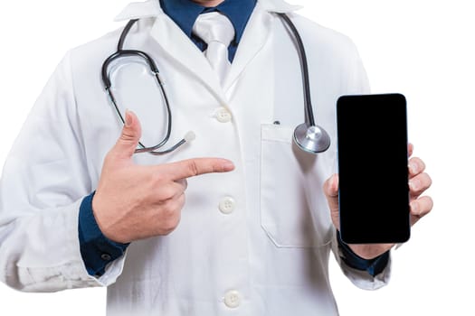 Doctor hands recommending on cell phone screen isolated. Doctor showing and pointing to blank cell phone screen