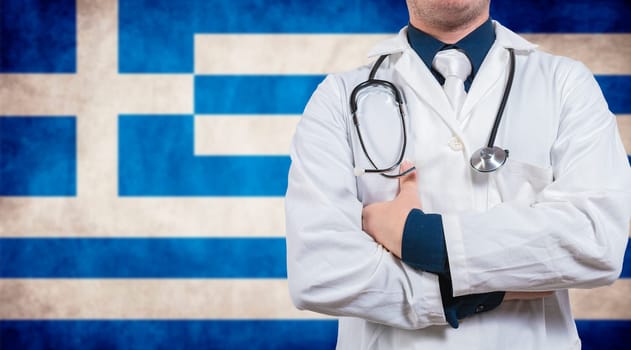 Doctor with stethoscope on greece flag. Doctor with crossed arms on greece flag, Health and care with flag of greece