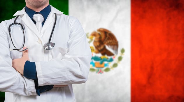 Doctor with arms crossed on Mexico flag background. Doctor with stethoscope on Mexico flag. Medical health and care on Mexican flag