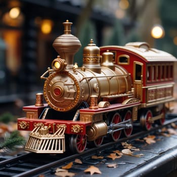 toy New Year's wooden train as a decoration for the Christmas tree. stylization of a retro locomotive for the railway, toy road. design and concept of gifts for the New Year holiday.Generative AI