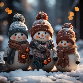 Snowmen in knitted hats and scarves against the background of a snowy landscape with lights and a festive garland.Generative AI