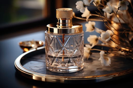 Cosmetic crystal bottle inlaid with gold of a luxury product with white fresh flowers. product presentation, demonstration of cosmetic products. Modern stylish luxury bottle.Generative AI
