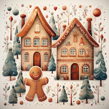 gingerbread men near houses at Christmas. Winter holiday story in watercolor style.Generative AI
