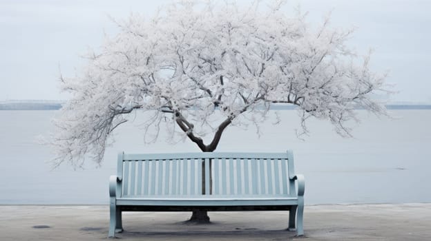 bench under a snow-covered tree.winter day in the park.Generative AI