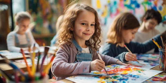 Cheerful girl drawing at school. children at a drawing lesson.Generative AI
