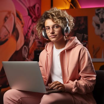 a young man in glasses and a pink jacket with a laptop against the backdrop of a bright cafe interior or coworking space.Generative AI