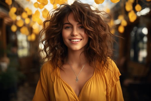 portrait of a young beautiful brunette in yellow clothes with wavy hair on a blurred background of a cozy interior.Generative AI