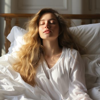 young woman lying on a white bed.Generative AI