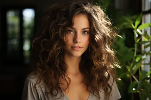 portrait of a young beautiful brunette in grey clothes with wavy hair on a blurred background of a cozy interior.Generative AI