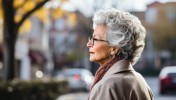 Happy senior woman, relax and thinking in nature in the fresh air.Generative AI