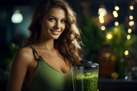 Young woman in green tank top with blender in kitchen.Generative AI