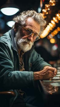 lonely gray-haired and sad old man sitting in a bar on a blurred background. loneliness concept.Generative AI
