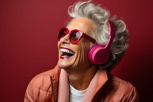 beautiful and cheerful gray-haired woman in glasses, bright clothes and pink headphones, on a color background.Generative AI