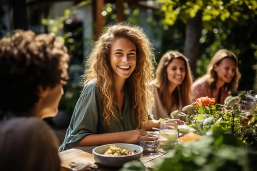 Friends having lunch on a picnic on a summer sunny day.Generative AI