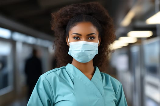 Portrait of a beautiful young African American nurse with a mask on her face. medical worker.against a blurred background of the clinic  .Generative AI