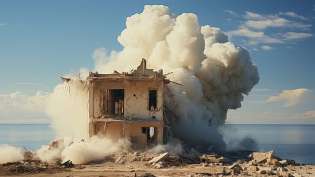 demolition by explosion of an old destroyed abandoned house on the lake shore or the sea. freeing up space from old unnecessary buildings for new construction.Generative AI