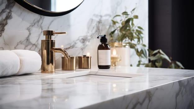 Beautiful marble sink with golden faucet in the bathroom.Generative AI