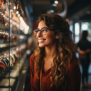 portrait of a young beautiful woman with glasses and lush wavy hair in front of a bright shop window on a blurred background. concept of shopping, discounts and Christmas .Generative AI