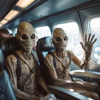 Friendly green aliens waving in public transport.Generative AI