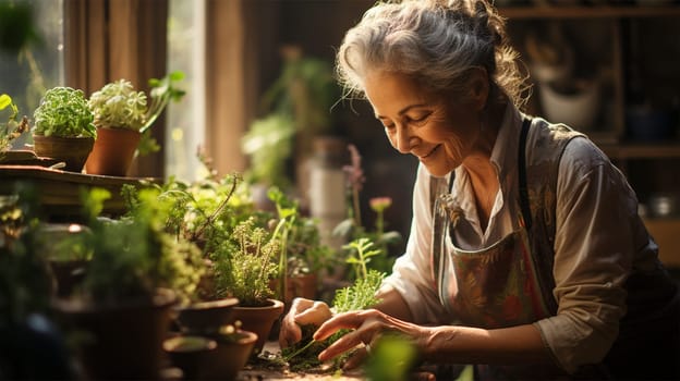 Beautiful smiling grey-haired elderly woman 60-70 years old working on seedlings.Generative AI