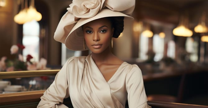 Beautiful black woman in white dress and hat.fashion portrait.Generative AI