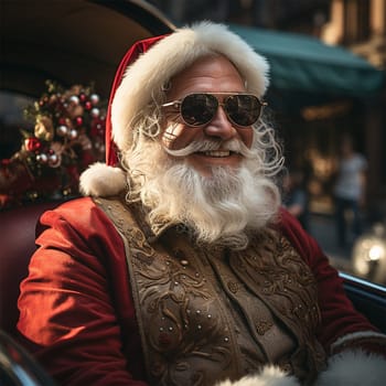 Santa Claus in a stylized retro car with embroidery and with ethnic elements on clothes.Generative AI