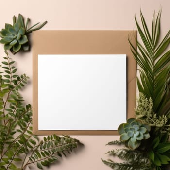 postcard mockup on natural background with succulents.Generative AI