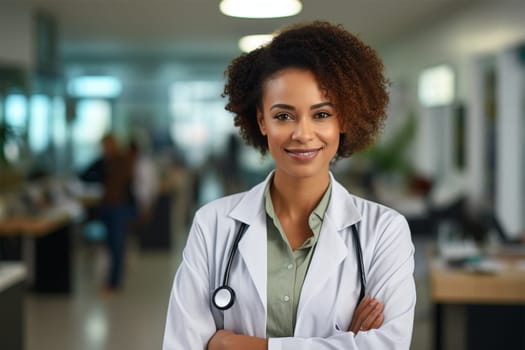 young smiling doctor in a robe and with a stethoscope in the clinic .Generative AI