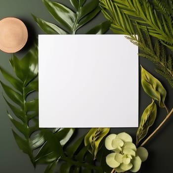 postcard mockup on natural background with tropical leaves.Generative AI