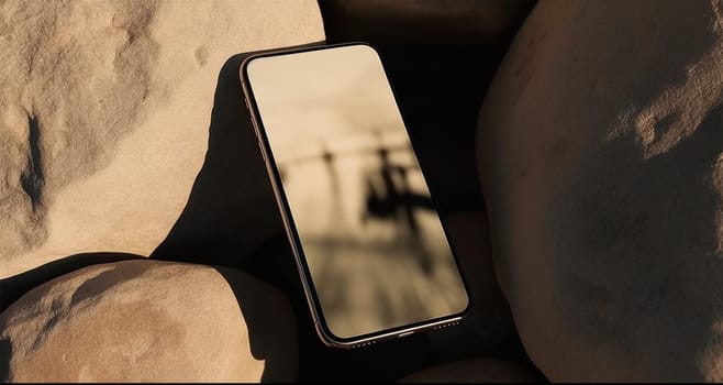 Flatlay phone on sand-colored stones. Free space for text . Aesthetic elegant picture for social networks.Generative AI