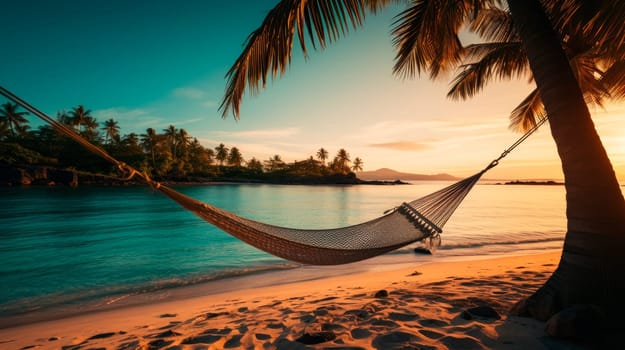 Empty hammock on the beach of tropical island. Hammock on a palm tree during beautiful sunset. AI generated