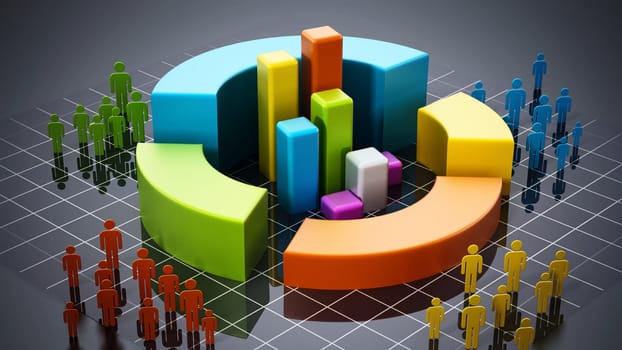 Colored people silhouettes around charts. 3D illustration.