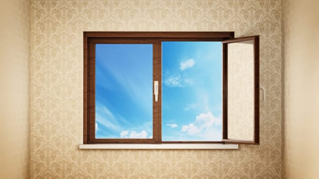 Half open windows inside an empty room opening to blue sky. 3D illustration.