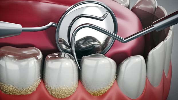 3D illustration showing dentist tools and dental plaque on model. 3D illustration.