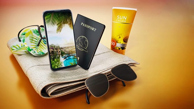 Slippers,sun screen tube, smartphone and sunglasses standing on beach towel. 3D illustration.