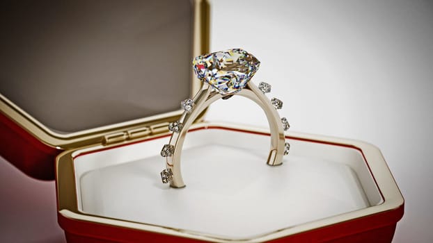 Wedding diamond ring standing in hexagonal box. 3D illustration.