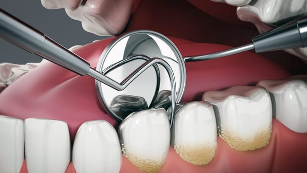3D illustration showing dentist tools and dental plaque on model. 3D illustration.