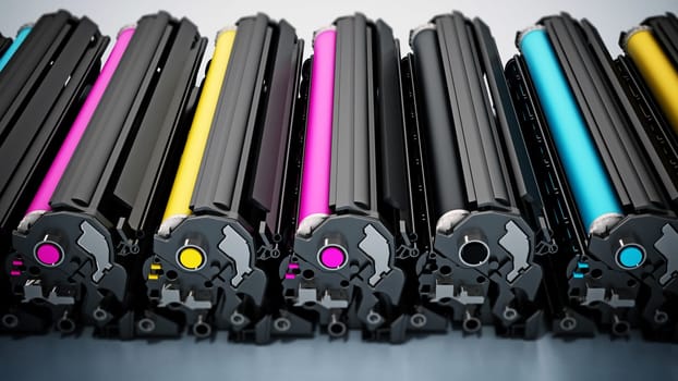 Stack of laser printer CMYK toners. 3D illustration.