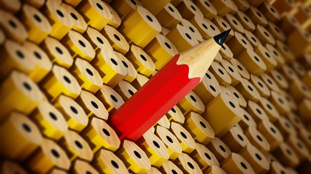 Red pencil stands out among the others facing the opposite way. 3D illustration.