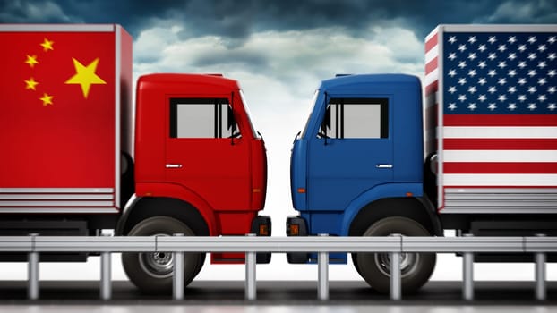 Trucks with USA and China flags come across in narrow road. 3D illustration.